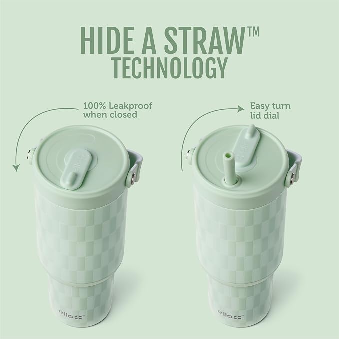 Ello Oasis Go+ 26oz Tumbler with Top Handle and Retracting Straw | Reusable Insulated Stainless Steel Cup, 100% Leakproof Water Bottle, 24 Hours Cold, Cup Holder Friendly For Travel | Jadeglow