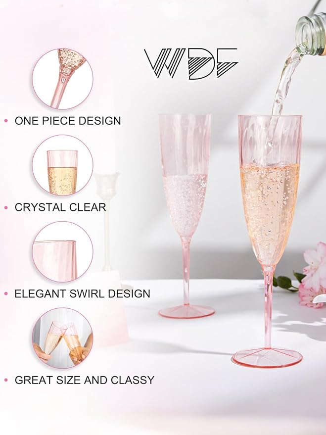 WDF 36PCS Pink Champagne Flutes Plastic - 6OZ Pink Disposable Champagne Flutes Party Supplies for Wedding Birthday Parties Valentine's Day Galentine's Day (Pack of 2)