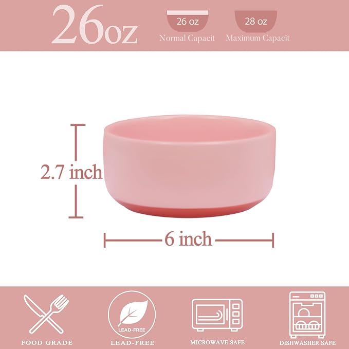 Stoneware Cereal and Soup Bowls Set of 4, 6-Inch Dual Glaze Ceramic Bowls for Breakfast & Oatmeal, Microwave and Dishwasher Safe, Pink