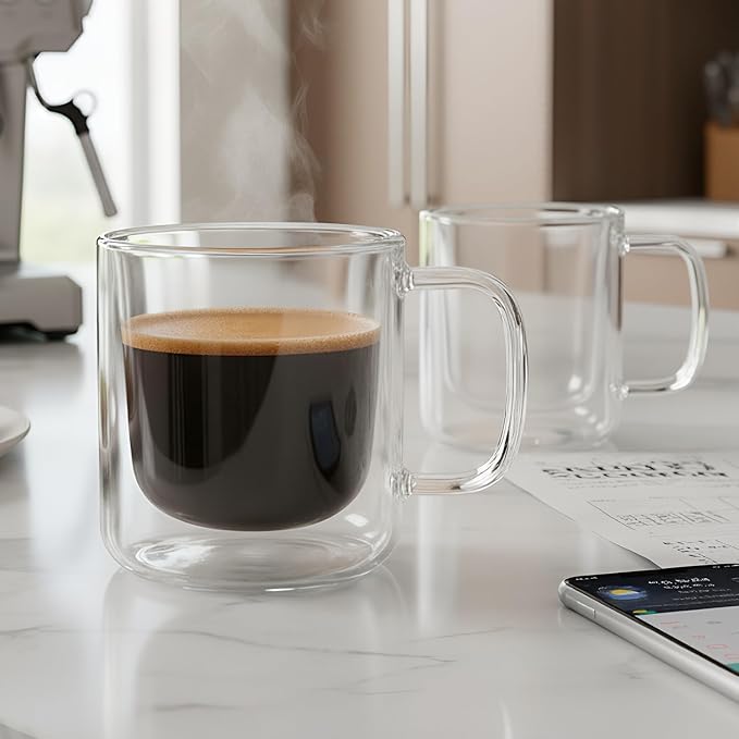 Aquach 8oz Double Walled Glass Coffee Mugs 2pcs, Insulated Espresso Cups | Dishwasher/Microwave Safe, Borosilicate Glass, Double-walled, Smooth Rim, Comfort Handle, Small Capacity