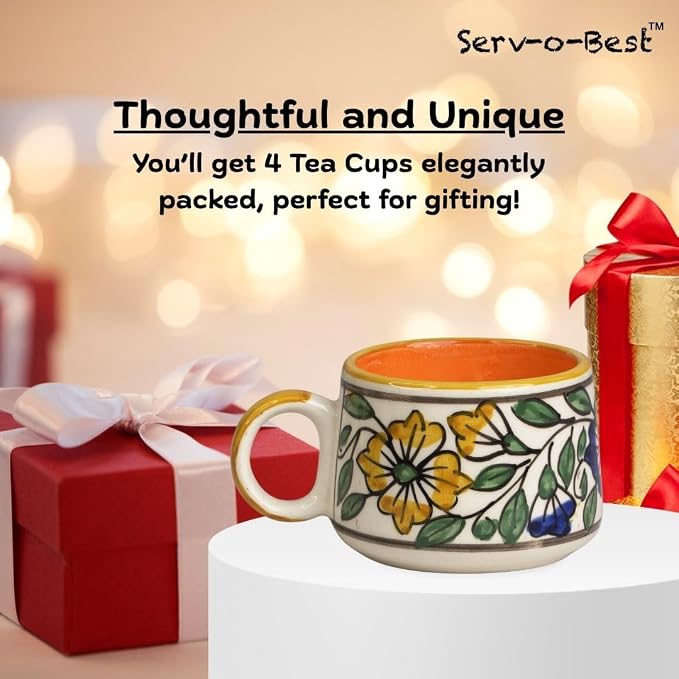 Servo Best Handmade Cermaic Tea Cup Set of 4-5 Oz Small Cups for Espresso, Cappuccino, Tea, Chai – Dishwasher & Microwave Safe – Gift Set for Coffee Lovers, Kitchen, Home, Office - Green Art