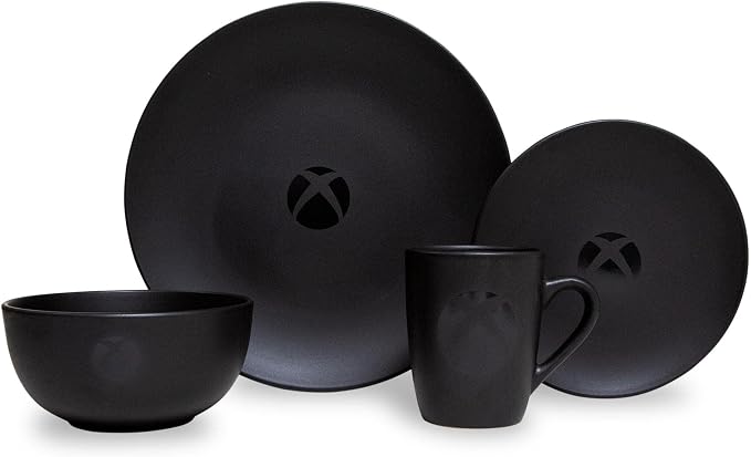 Xbox Matte Black 8-Piece Ceramic Dinnerware Set | Includes Salad Plates, Soup Bowls, Mugs