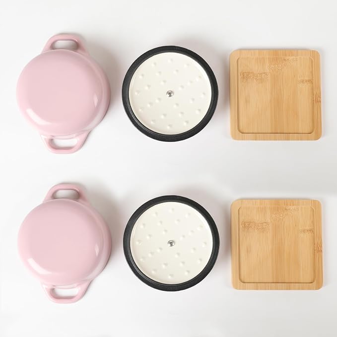 HAWOK Enameled Cast Iron Mini Dutch Oven, Dia5.51”, 23oz, with Bamboo Tray, Set of 2, Pink