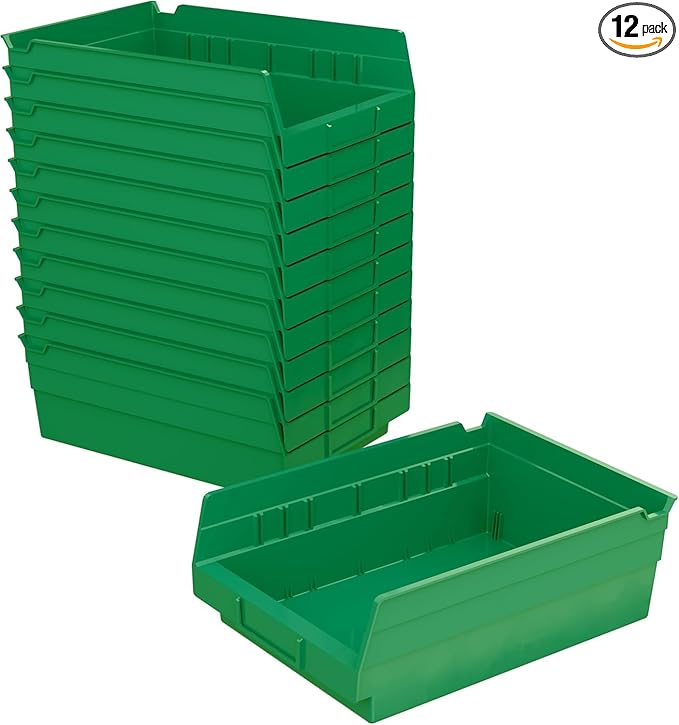 Akro-Mils 30150 Plastic Shelf Bins, Heavy Duty Storage Bins for Garage, Closet, and Drawer Organization, 12" x 8" x 4", Green, 12-Pack