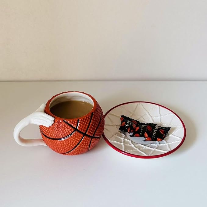 Ceramic Large Coffee Mug and Saucer set, 3D Handmade and Hand-painted Basketball and Basketball Net Design Tea Mug, 300ml(10oz)