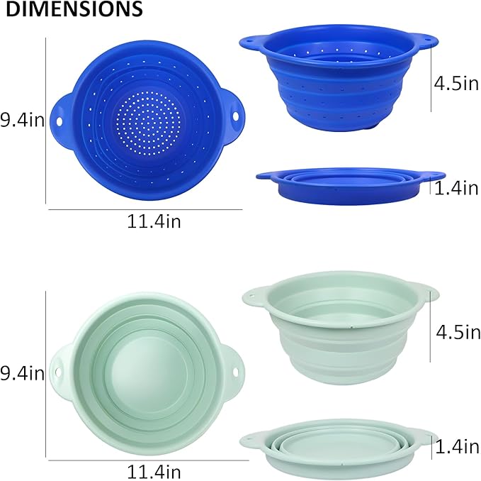 Collapsible Silicone Colander Wash Basin Set, Thickened Strainers bowls, for Kitchen, RV, Camping, Draining Pasta, Washing Fruit, Vegetable Storage(Blue+Green)