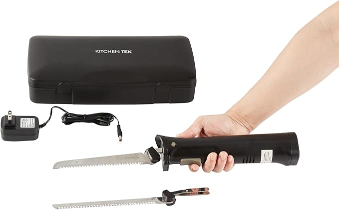 Restaurantware-Kitchen Tek Electric Knife Set, 1 Electric Knife With Motorized Handle - Includes 1 Bread and 1 Carving Tool, 1 Case, Black Plastic Food Cutter With Stainless Steel Blades