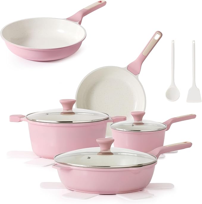 SENSARTE Large Nonstick Ceramic Cookware Set 13Pcs with 8-inch Frying Pan, Healthy Non Toxic Pan Set Induction Compatible with Heat Resistant Handle, PFAS-Free, Pink