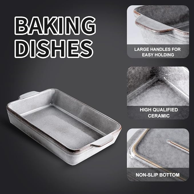 KOOV Bakeware Set, Ceramic Baking Dish Set, Rectangular Casserole Dish Set, Lasagna Pan, Baking Pans Set for Cooking, Cake Dinner, Kitchen, 9 x 13 Inches, Reactive Glaze 3-Piece, Variable Grey