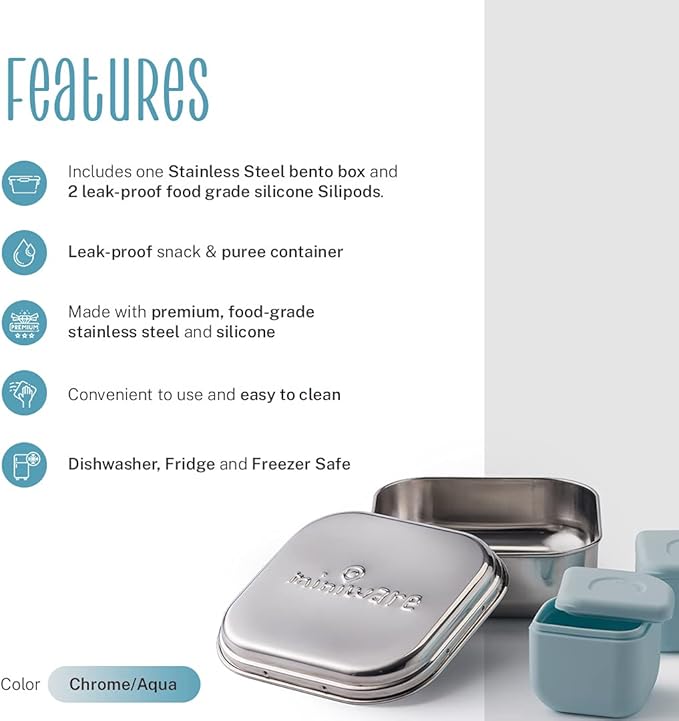 Miniware GrowBento Box and 2 Silipods | Stainless Steel food grade silicone bento containers - Bento Lunch Box for Kids and Silicone Storage Containers | Bento Box for Kids (Steel+ Aqua)