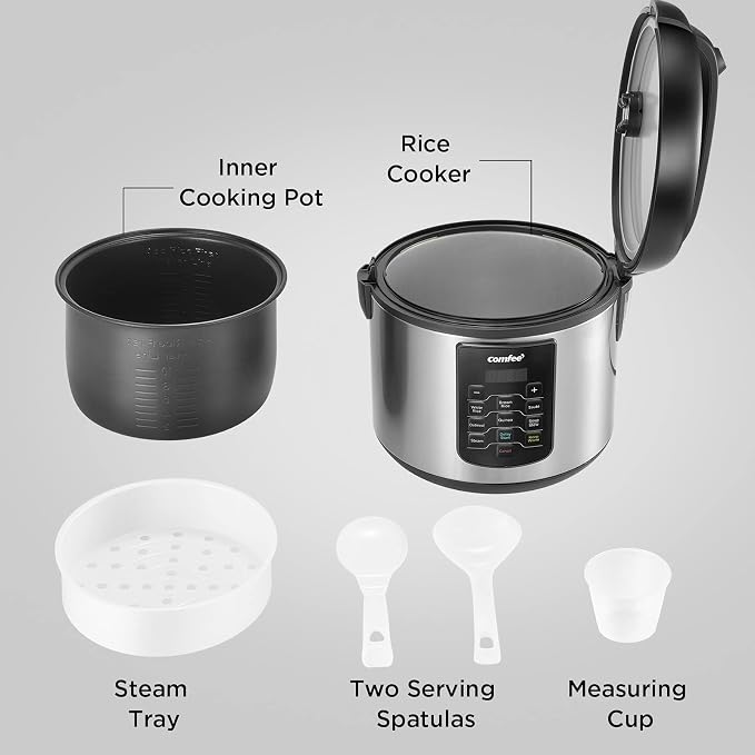 COMFEE' Rice Cooker 10 cup Uncooked/20 cup Cooked, Rice Maker, Steamer, Saute, Steamer and Warmer, 5.2 QT Large Capacity, Brown Rice, Quinoa and Oatmeal, 8 One-Touch Programs