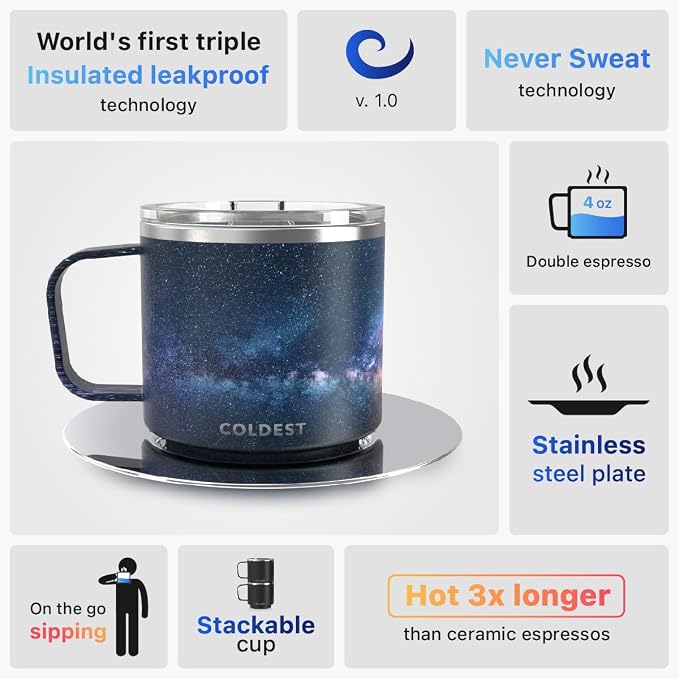 Stackable Insulated Espresso Cup with Saucer by Coldest - Insulated Triple Wall Travel Stainless Steel Travel Double Shot Espresso Coffee Mug with Sliding Lid (4 oz, Into the Beyond)