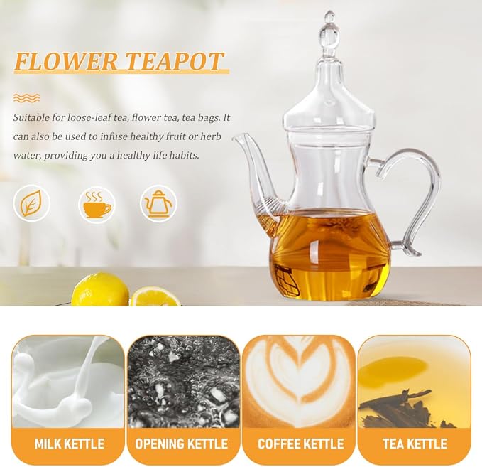 Middle East Style Heat-Resistant Glass Teapot with Infuser Decorative 11 Inch Tea Maker for Loose Leaf Tea Kung Fu Home Kitchen Use