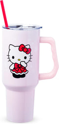 Silver Buffalo Sanrio Hello Kitty Christmas Holiday Dress and Matching Bow Snowflakes Double Walled Stainless Steel Tumbler with Handle and Straw, Fits in Standard Cup Holder, 40 Ounces