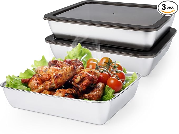 3 PCS Stainless Steel Food Storage Containers with lids,2.16 Inch Deep, 8x10 Inch Stainless Steel Oven plate, Metal Roasting Pan for Meal Prep、Meat, Rustproof & Heavy,Dishwasher Safe & Freezer