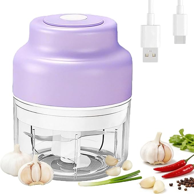 2026 New Electric Garlic Chopper, Electric Mini Chopper, Small Garlic Chopper Mincer, Portable Rechargeable Cordless Chopper for Onion, Chili, Ginger, Nuts, Meat & Fruits (Purple, 4-Blade)