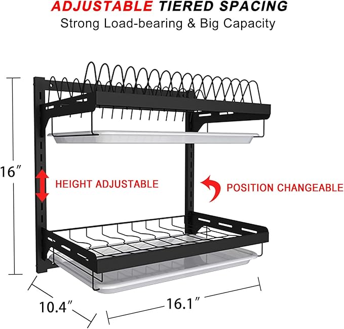 Hanging Dish Drying Rack, Wall Mounted Dish Rack Kitchen, 2 Tier Plate Organizer Wall Mount, Stainless Steel Dish Drainer Storage Shelf with Drainboard, Cutlery Holder, Black, Ajustable Height ( 16" )