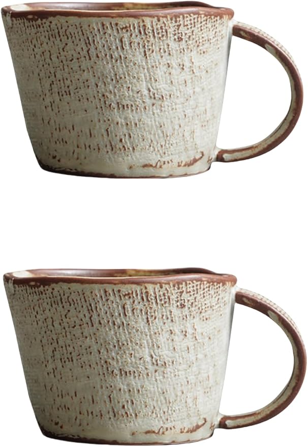 2-pcs handcrafted clay water cups, couple cups, household coffee, hot tea, oatmeal, milk cups (300ML, 7 * 10cm), office retro mugs, suitable for dishwasher, microwave, oven. (beige)