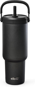 Ello Oasis Go+ 26oz Tumbler with Top Handle and Retracting Straw | Reusable Insulated Stainless Steel Cup, 100% Leakproof Water Bottle, 24 Hours Cold, Cup Holder Friendly For Travel | Black