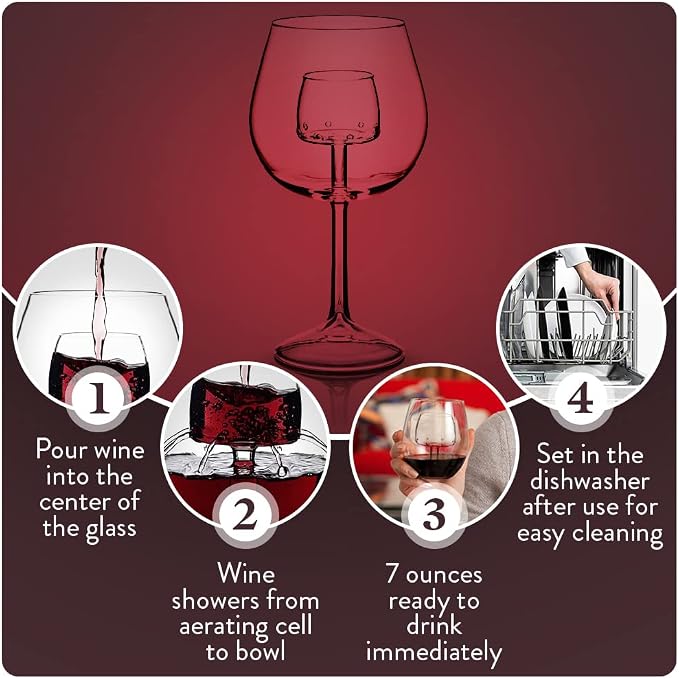 Sommelier Aerating Wine Glasses (Set of 2) by Chevalier Collection - Handblown Wine Glasses with Patented Built-In Aerator - Gift Packaging