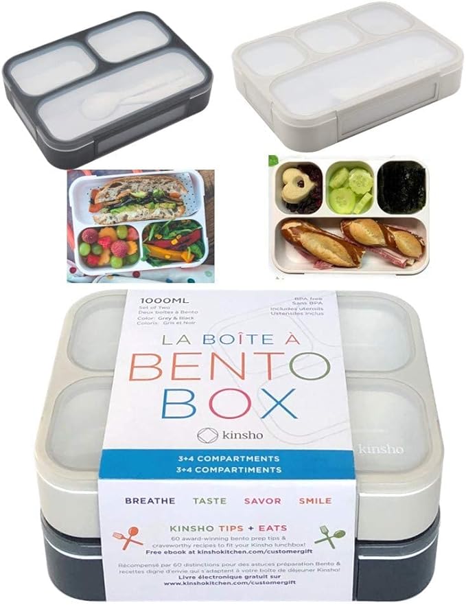 kinsho Bento Box Lunch Boxes for Kids Adults, Meal and Snack Containers School Work Travel, 4 Divided Portion Control Compartments, Japanese Style, BPA Free, Utentils Included (Grey + Black, 2 Pack)
