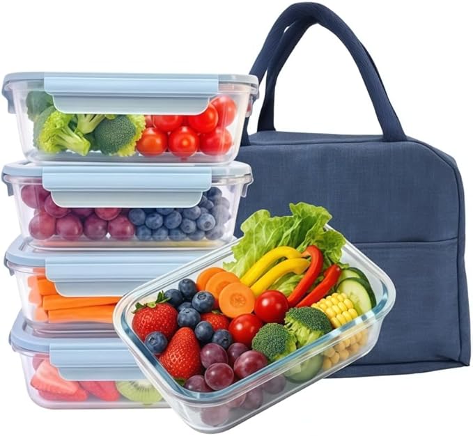5Pack (23oz with Lunch Bag) Glass Food Storage Containers with Lids for Kitchen Meal Prep, Fridge Organization, Lunch Box