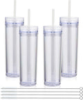 Volhoply 16oz Plastic Skinny Tumbler with Lid and Straw Bulk 4 Pack,Insulated Double Wall BPA Free Matte Acrylic Tumblers,Iced Coffee Travel Mug Reusable Party Cup,Customizable Diy Gifts(Clear,4 Set)