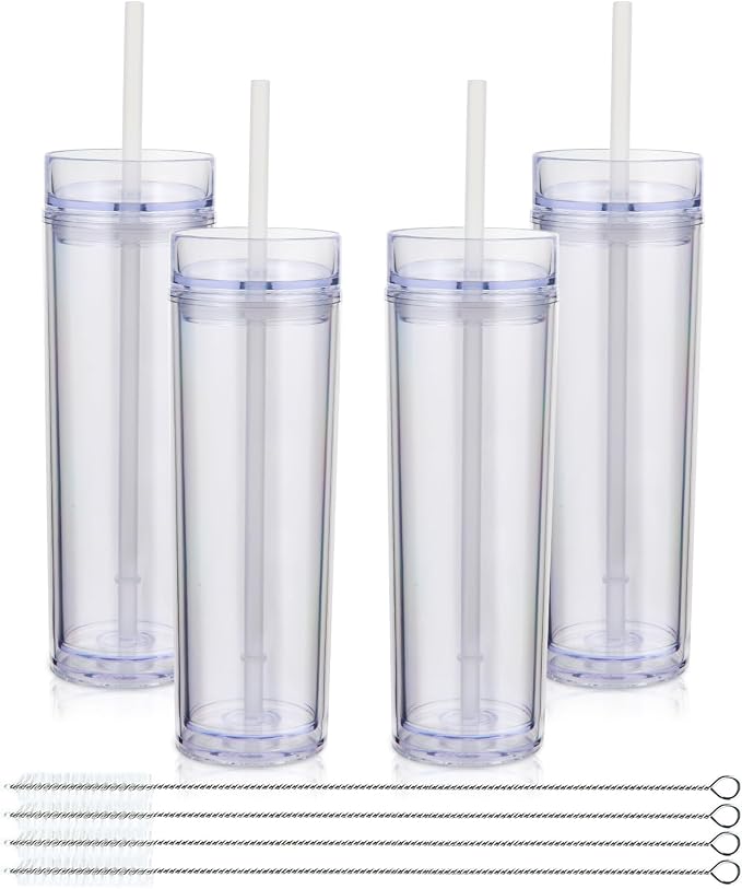 Volhoply 16oz Plastic Skinny Tumbler with Lid and Straw Bulk 4 Pack,Insulated Double Wall BPA Free Matte Acrylic Tumblers,Iced Coffee Travel Mug Reusable Party Cup,Customizable Diy Gifts(Clear,4 Set)