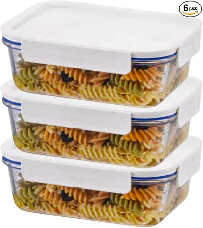 LocknLock LNG445S3W The Clear Borosilicate Glass Food Storage Containers with Lids, 6-Piece Set for Kitchen, Lunch, Meal Prep, Leftovers, Leakproof, Freezer, Microwave, and Dishwasher Safe, White