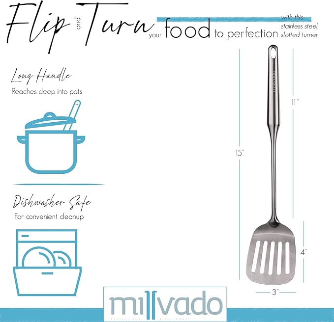 Millvado Stainless Steel Cooking Spatula,15 Inch Metal Turner, Kitchen Slotted Flipper For Grills, Camping BBQ’s, Frying Pancakes, Burgers, Large Cookware For the Professional Chef