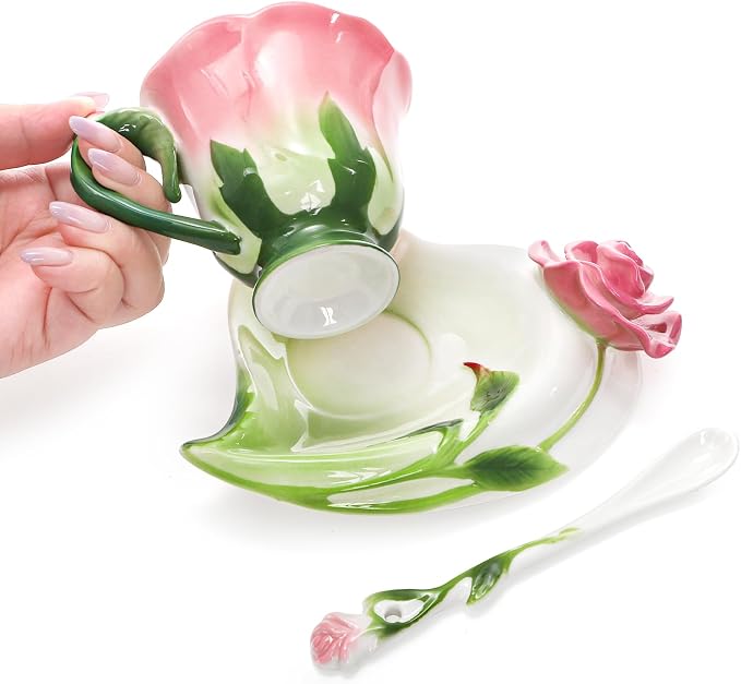 Cididu Pink Tea Cups with Saucer and Spoon, 4.5 Oz Small Ceramic Rose Flower Tea Cup Set for Women Girls, Hand Crafted Vintage Coffee Latte Mug, Fancy Teaware for Mother's Day, Birthday Gift, Wedding