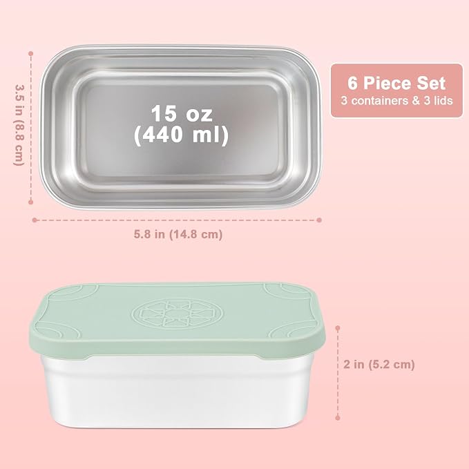 Caperci 3-Pack Large Stainless Steel Snack Containers with Silicone Lids - 15oz Reusable Small Food Storage Deli Containers for Snacks & Meal Prep, Leak-Proof, Easy Open & BPA-Free (440ML)