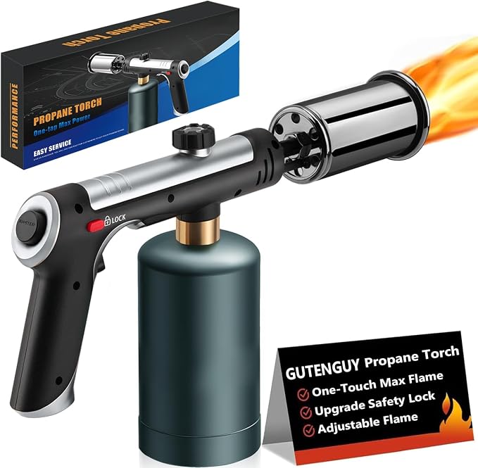 Powerful Propane Torch with One-Touch Max Fire, Adjustable Kitchen Torch with Safety Lock, Flamethrower, Blow Torch Gun for Grill, BBQ, Sous Vide, Campfire Starter (Tank Not Included)
