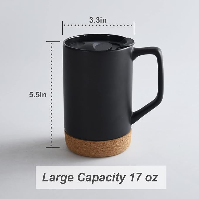Ceramic Coffee Mug Set of 2, 17 OZ Large Coffee Mug with Removeable Cork Bottom and Splash Proof Lid, Large Handle Coffee Mugs (Matte Black) | Removable Cork Bottom,Splash Proof Lid,Large Handle,For Coffee,Tea,Hot Chocolate