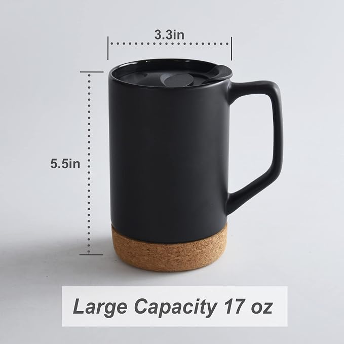 17 oz Ceramic Coffee Mug,12-Pack Matte Black | With Lid, Removable Cork Base, Large Mugs