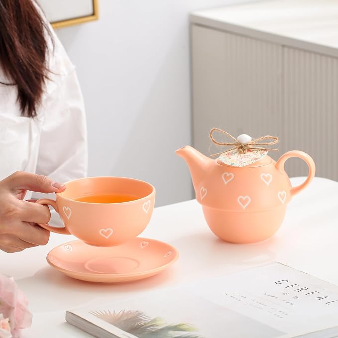 Domini Teapot cup combo,Teapot and Teacup for One,Tea Cup and Saucer Set-Tea Pot Set Gift for Girl Women,Matte orange