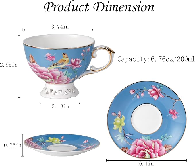 KAMMAK Tea Cups and Saucers Set of 2, Fine Bone China Coffee Cups, Stackable Espresso Mugs, Ceramic Demitasse for Coffee, Cappuccino, Latte, Americano, Tea, Blooming Flowers (Blue + Pink)