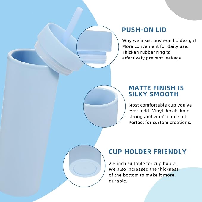 Volhoply 16oz Plastic Skinny Tumbler With Lid and Straw Bulk 4 Pack,Insulated Double Wall BPA Free Matte Acrylic Tumblers,Iced Coffee Travel Mug Reusable Party Cup,Customizable Diy Gifts(Blue,4 Set)