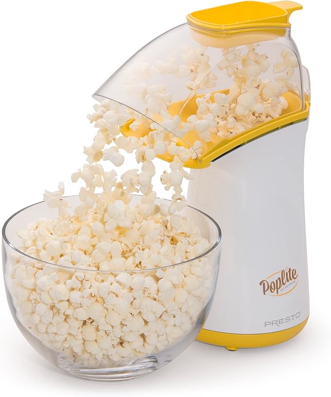 Presto 04820 Poplite Hot Air Popcorn Popper - Built-In Measuring Cup + Melts Butter, Easy to Clean, Built-In Cord Wrap, 18 Cups, Yellow
