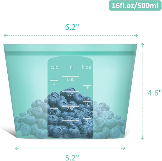 Bundle of 4 Pack 100% Silicone Reusable Food Storage Bags 33.8oz Aqua + 4 Pack 100% Silicone Reusable Food Storage Bags 16oz Aqua