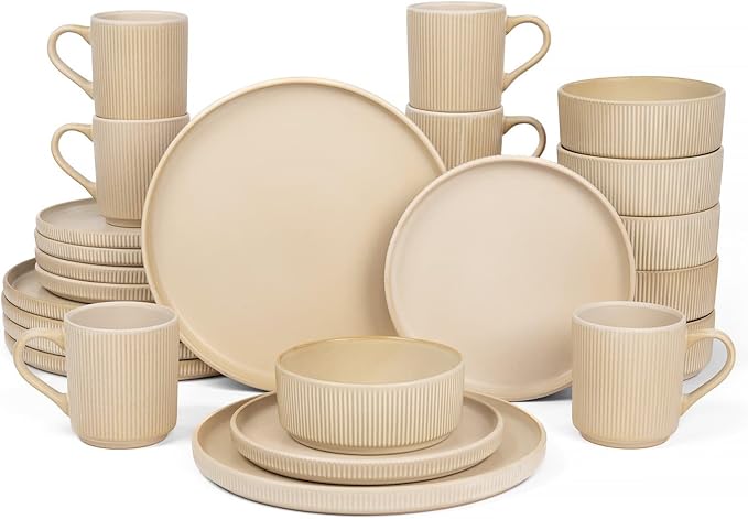 OTAGO 24-Piece Dinnerware Set for 6 with Mugs, Ribbed Stoneware Plates and Bowls Sets, Unique Handcrafted Reactive Glaze, Chip and Scratch Resistant Dish Set, Microwave & Dishwasher Safe, Yellow
