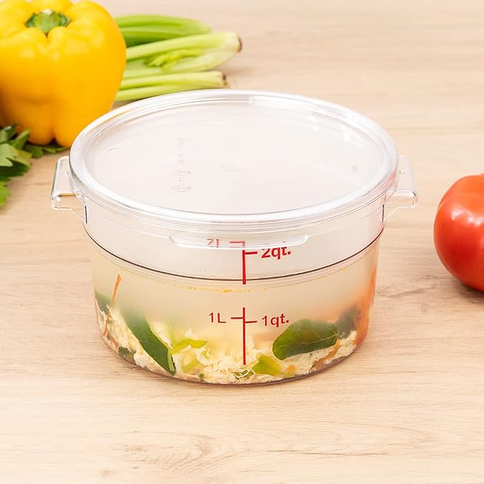 Restaurantware Met Lux 2 Quart Food Storage Containers 10 Round Commercial Storage Containers - Lids Sold Separately With Volume Markers Clear Plastic Food Prep Buckets Space-Saving Storage