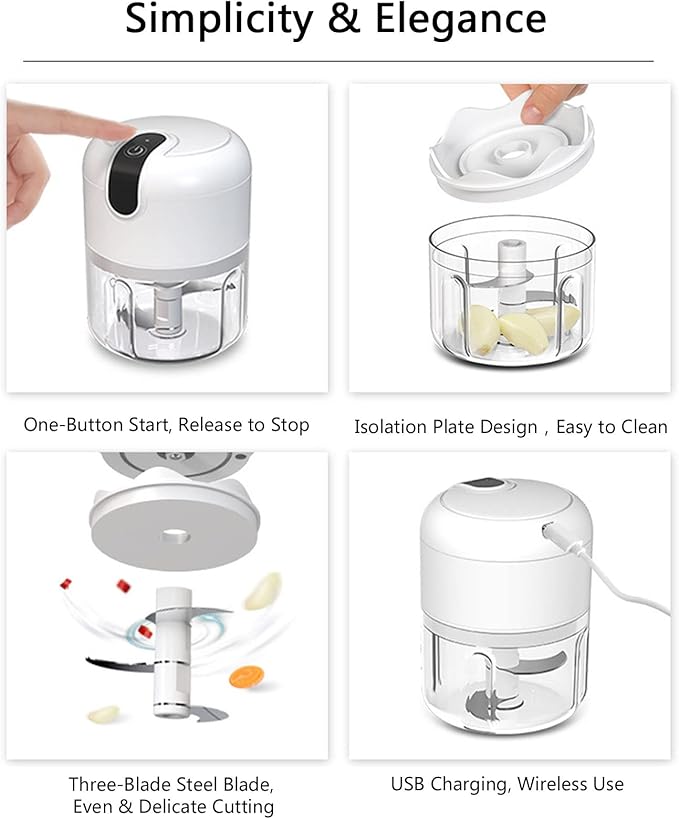White 3 CUP Cordless Mini Food Chopper,Small Food Processor Mini for Garlic,Nut,Meat(100+250+350ML), CQ3654