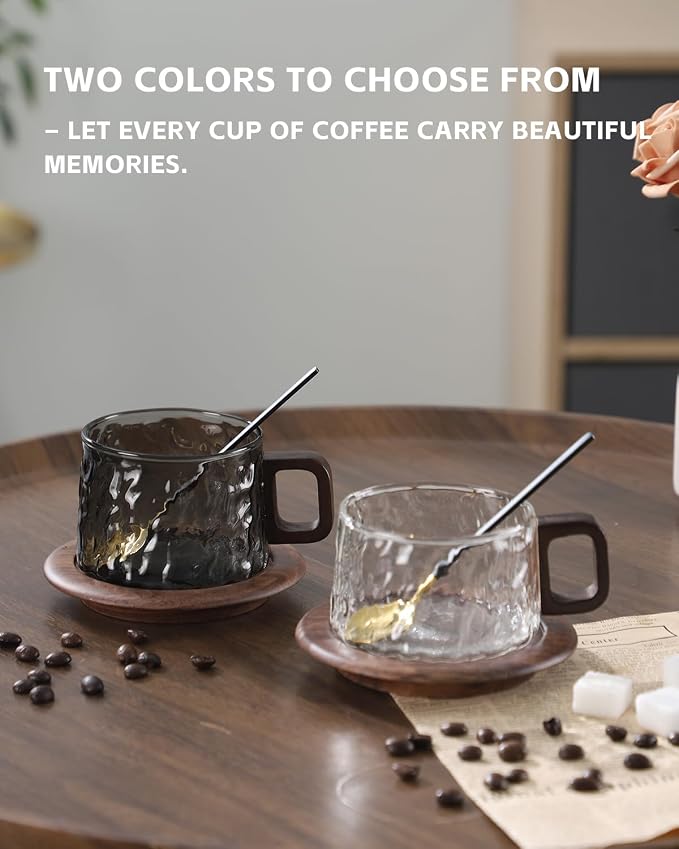 Bincoo Japanese Style Glass Coffee Cups with Walnut Wood Saucer, 7.8oz/230ML Borosilicate Glass Mugs with Handles, Elegant Gift Set for Coffee Lovers, Clear