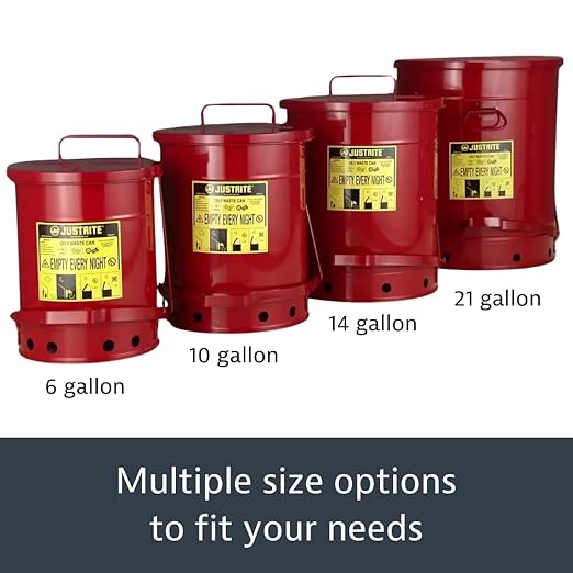 Justrite 14 Gallon Galvanized Steel Oily Waste Can, 20" x 16" Metal Oil Rag Safety Can with Foot Operated Self-Closing Lid for Oil Rag Disposal, Made in The USA, Red, 09500