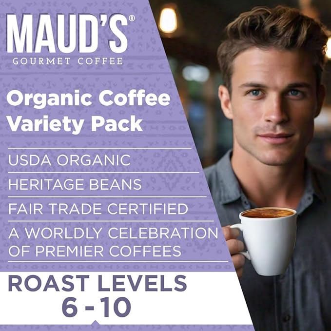 Maud's Organic Coffee Pods Variety Pack, 56 ct, 8 Assorted Flavors, Single Serve Pods – 100% Arabica Coffee, Compatible with Keurig K Cups Maker