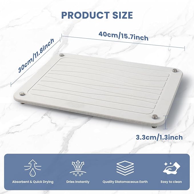 Stone Dish Drying Mats for Kitchen Counter 15.7"x 11.8" Quick Dry Stone Drying Mat Super Absorbent Diatomaceous Earth Drying Mat with 4 Non-Slip Stainless Steel Feet for Dishes&Cups Grayish White
