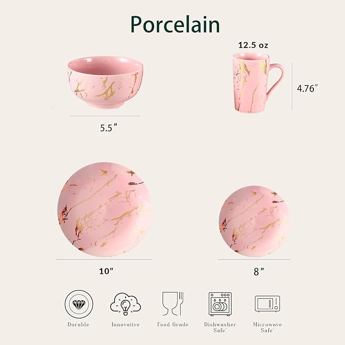 Pink Marble Dinnerware Set for 4, 16-Piece Porcelain Plates and Bowls Set with Gold Trim, Modern Ceramic Dish Set for Home Dining and Gifts