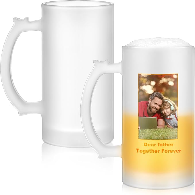 Mifoci 2 Pcs Sublimation Blank Beer Mugs Personalized Tazas Para Father's Day Present 16 oz Frosted Beer Glass Cups Can Add Photo Text or Image Gift for Dad Husband Groomsmen Wedding Oktoberfest