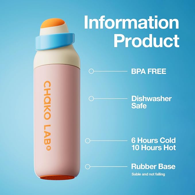 CHAKO LAB Insulated Stainless Steel Water Bottle, BPA-Free Sports Water Bottle,Spout and Straw,Leak Proof Locking Lid,Designed for Travel, School, and Sport,BPA Free,23 oz,Guava